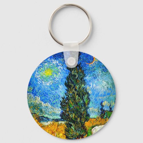 Van Gogh Road with Cypress and Star Keychain