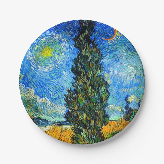 Van Gogh Road with Cypress and Star Paper Plates (Front)