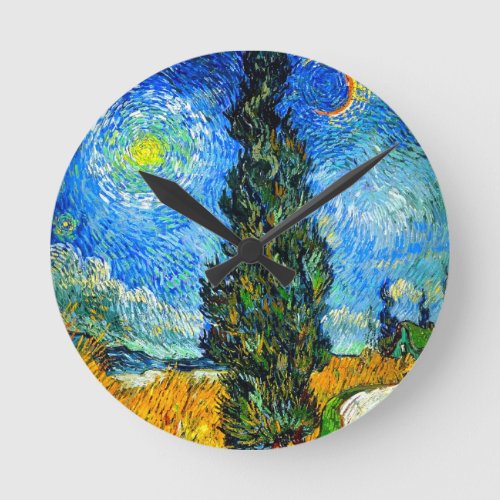 Van Gogh Road with Cypress and Star Round Clock