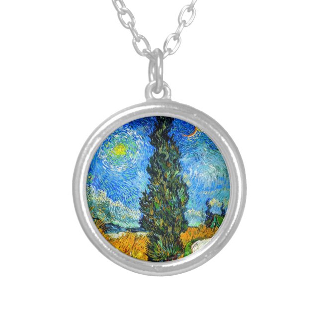 Van Gogh Road with Cypress and Star Silver Plated Necklace (Front)