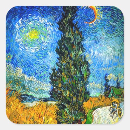 Van Gogh Road with Cypress and Star Square Sticker