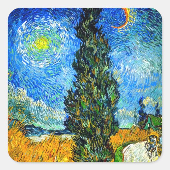 Van Gogh Road with Cypress and Star Square Sticker (Front)