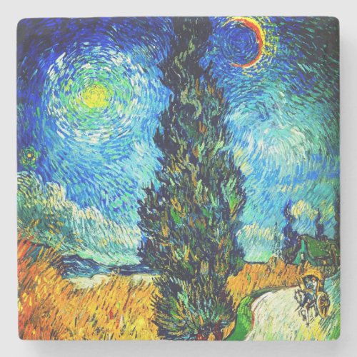 Van Gogh Road with Cypress and Star Stone Coaster