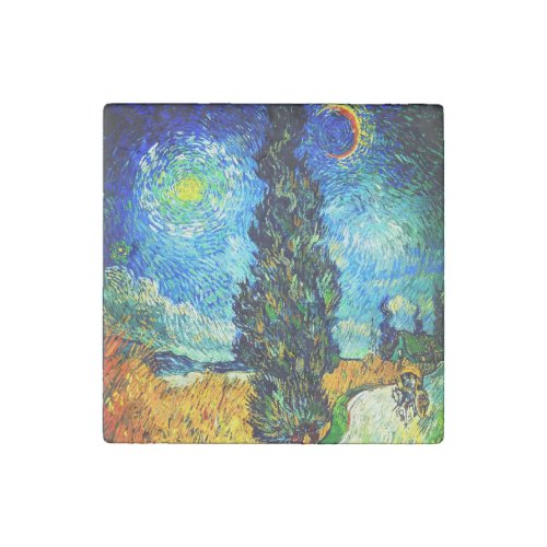 Van Gogh Road with Cypress and Star Stone Magnet