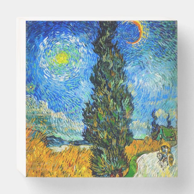 Van Gogh Road with Cypress and Star Wooden Box Sign (Front Horizontal)