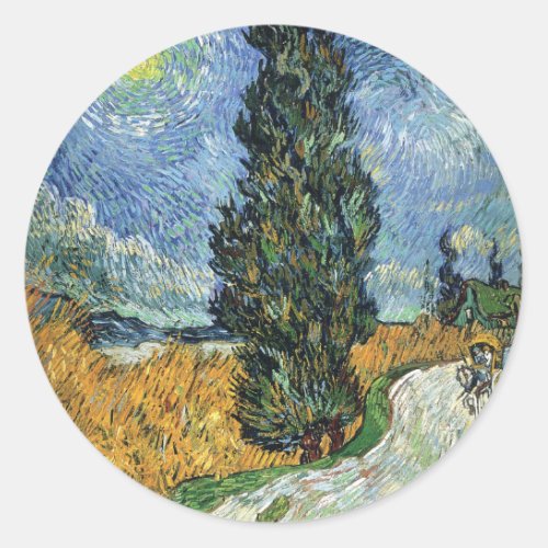 Van Gogh Road With Cypresses Impressionism Classic Round Sticker