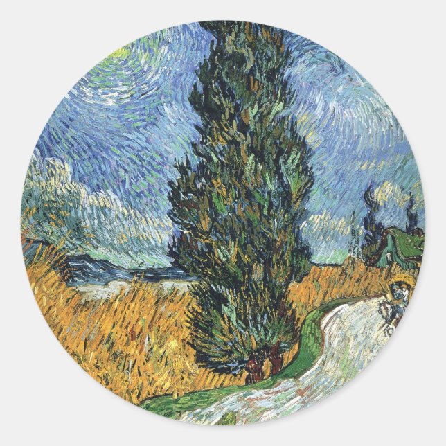 Van Gogh Road With Cypresses Impressionism Classic Round Sticker (Front)