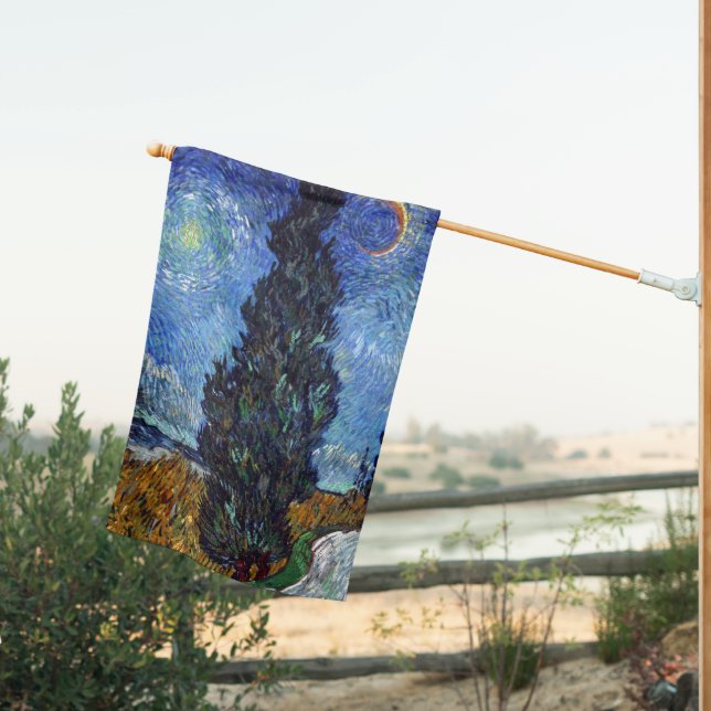 Van Gogh Road With Cypresses Impressionism House Flag (Insitu (Back))