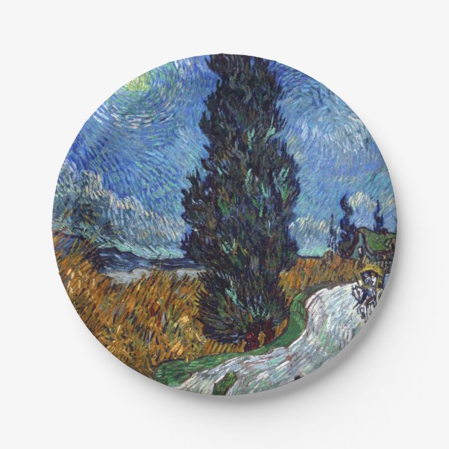 Van Gogh Road With Cypresses Impressionism Paper Plates (Front)