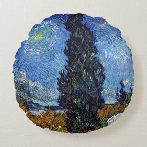 Van Gogh Road With Cypresses Impressionism Round Pillow