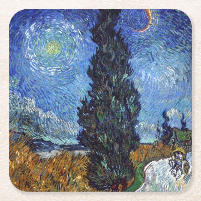 Van Gogh Road With Cypresses Impressionism Square Paper Coaster (Front)