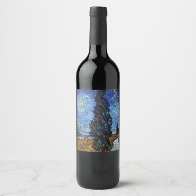 Van Gogh Road With Cypresses Impressionism Wine Label (Front)