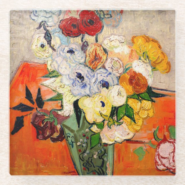 Van Gogh Roses and Anemones Glass Coaster (Front)