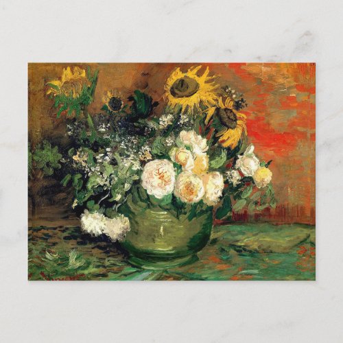 VAN GOGH ROSES AND SUNFLOWERS STILL LIFE PAINTING POSTCARD