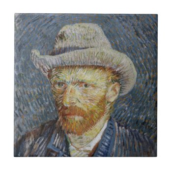 Van Gogh Self Portrait Grey Felt Hat Painting Art Ceramic Tile by Then_Is_Now at Zazzle