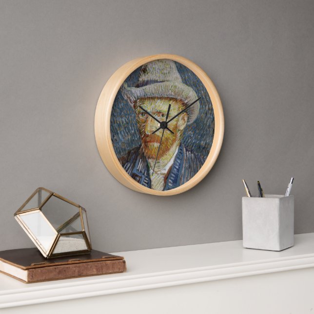 Van Gogh Self Portrait Grey Felt Hat Painting Art Clock (Office)
