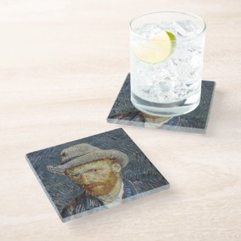 Van Gogh Self Portrait Grey Felt Hat Painting Art Glass Coaster by Then_Is_Now at Zazzle