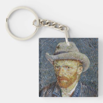 Van Gogh Self Portrait Grey Felt Hat Painting Art Keychain by Then_Is_Now at Zazzle