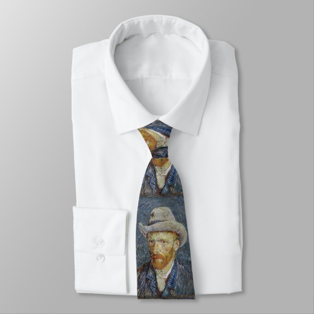 Van Gogh Self Portrait Grey Felt Hat Painting Art Neck Tie (Tied)