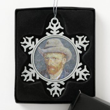 Van Gogh Self Portrait Grey Felt Hat Painting Art Snowflake Pewter Christmas Ornament by Then_Is_Now at Zazzle