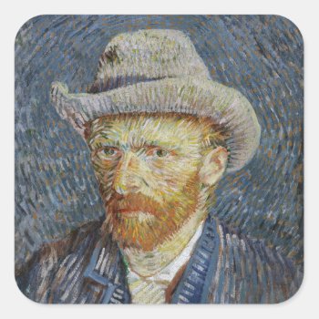 Van Gogh Self Portrait Grey Felt Hat Painting Art Square Sticker by Then_Is_Now at Zazzle