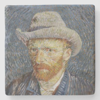 Van Gogh Self Portrait Grey Felt Hat Painting Art Stone Coaster by Then_Is_Now at Zazzle