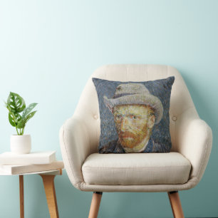 Van Gogh Self Portrait Grey Felt Hat Painting Art Throw Pillow