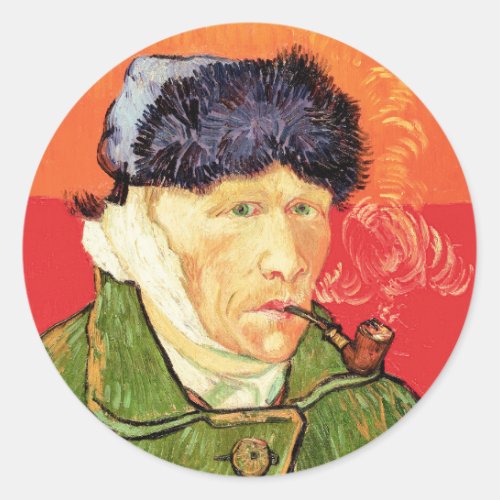 Van Gogh _ Self Portrait with Bandaged Ear  Pipe Classic Round Sticker