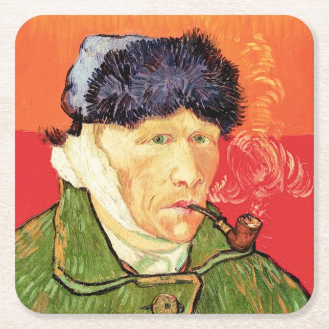 Van Gogh - Self Portrait with Bandaged Ear & Pipe Square Paper Coaster (Front)
