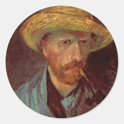 Van Gogh Self Portrait with Straw Hat and Pipe Classic Round Sticker
