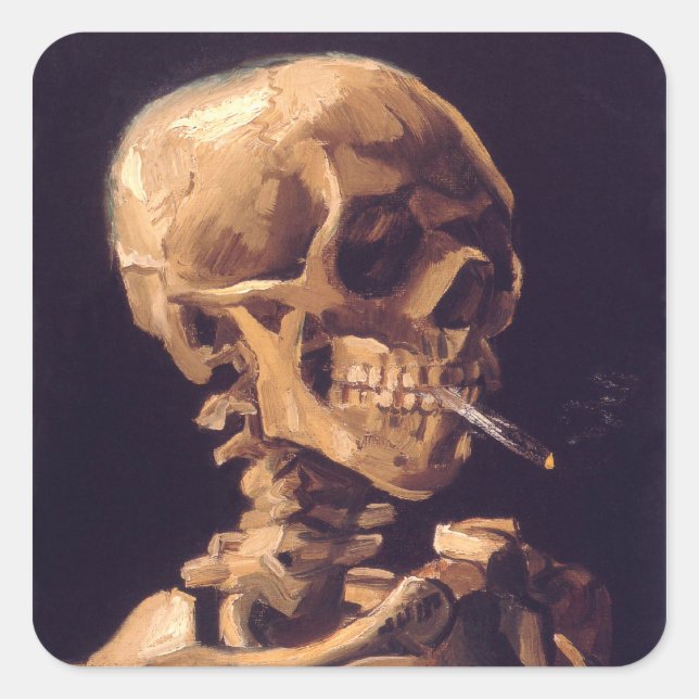 Van Gogh: Skull with Burning Cigaret Square Sticker (Front)