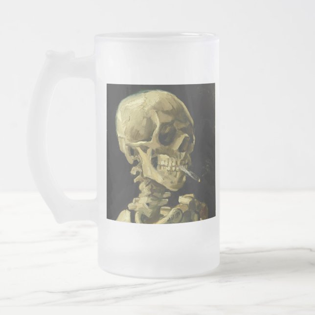 Van Gogh Smoking Skeleton Frosted Glass Beer Mug (Left)