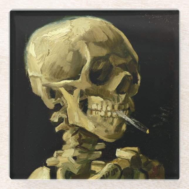 Van Gogh Smoking Skeleton Glass Coaster (Front)