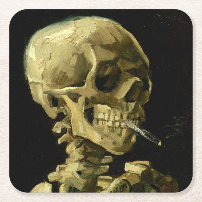 Van Gogh Smoking Skeleton Square Paper Coaster (Front)