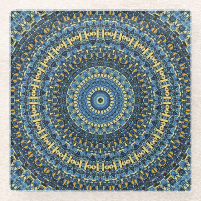 Van Gogh Starry Night Abstract Groovy Boho Mandala Glass Coaster (Front)