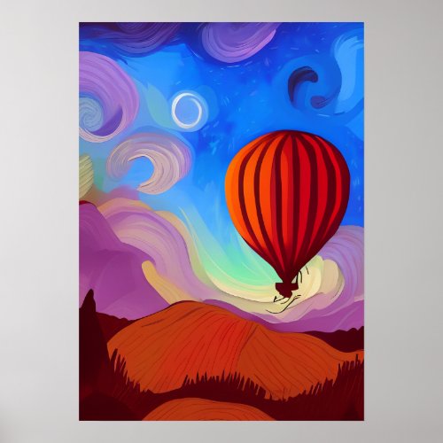 Van Gogh Starry Night Air Balloon with Mountains Poster