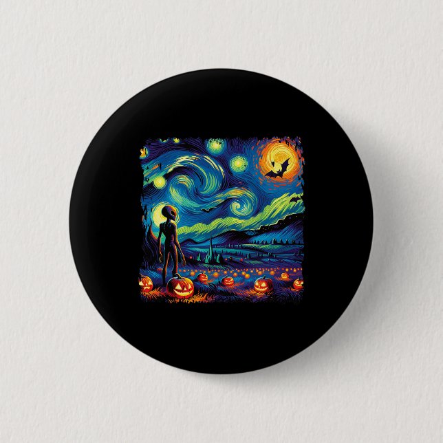 Van Gogh Starry Night Alien Man Halloween Fall Pum Button (Front)