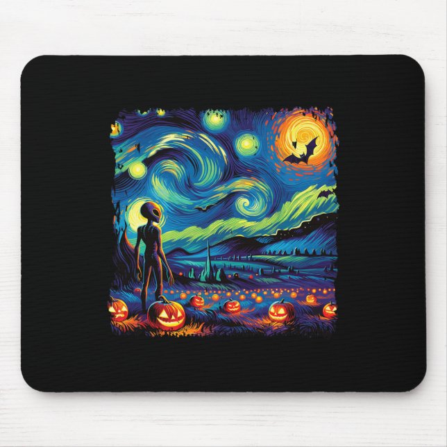 Van Gogh Starry Night Alien Man Halloween Fall Pum Mouse Pad (Front)
