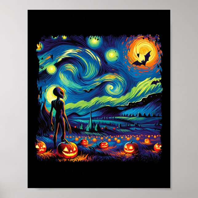 Van Gogh Starry Night Alien Man Halloween Fall Pum Poster (Front)