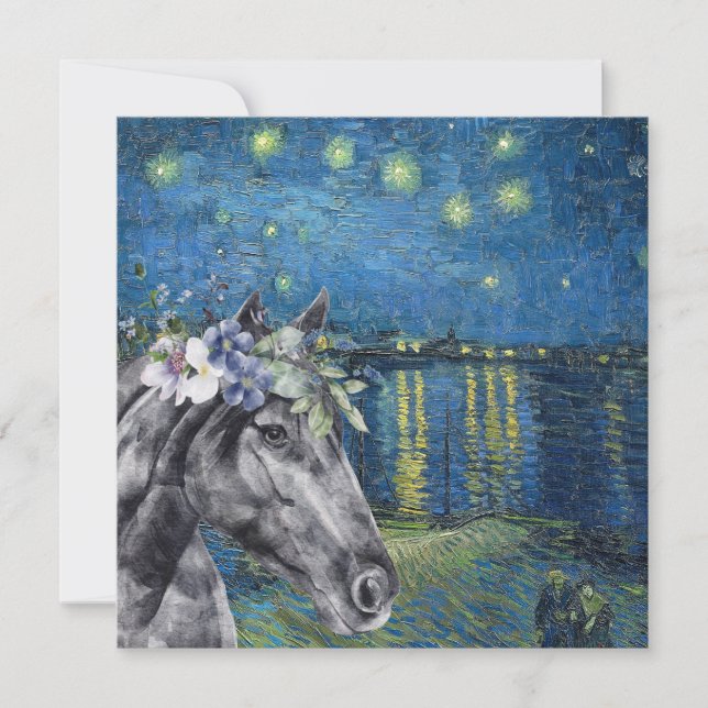 Van Gogh Starry Night and Black Horse Flat Card (Front)