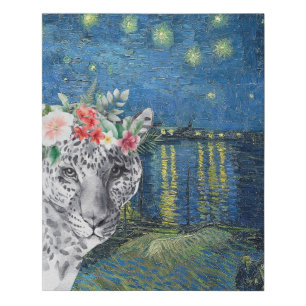 Van Gogh Starry Night and Flower Leopard Faux Canvas Print