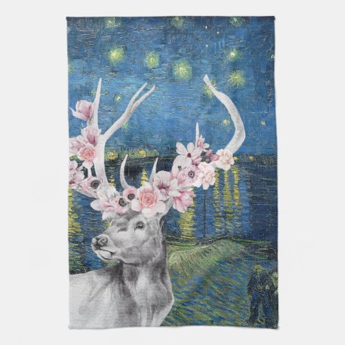 Van Gogh Starry Night and Flower Stag Compilation  Kitchen Towel