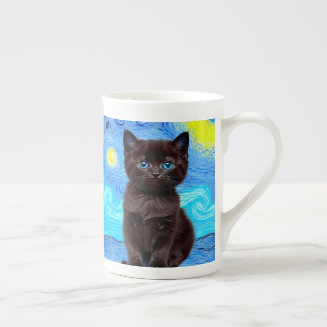 Van Gogh Starry Night Black Cat Bone China Mug (Right)