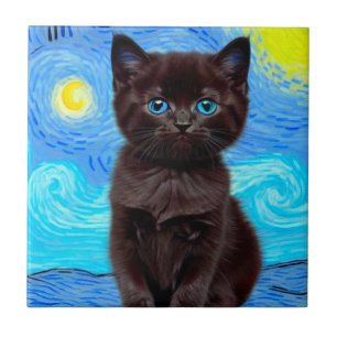 Van Gogh Starry Night Black Cat Ceramic Tile