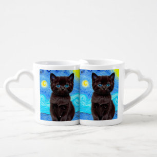 Van Gogh Starry Night Black Cat Coffee Mug Set