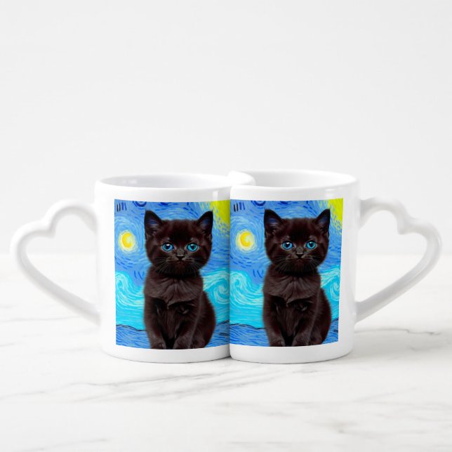 Van Gogh Starry Night Black Cat Coffee Mug Set (Front Nesting)