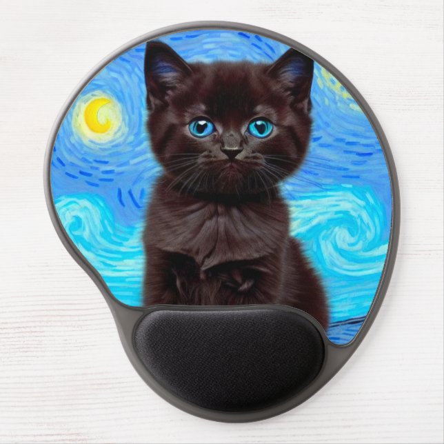 Van Gogh Starry Night Black Cat Gel Mouse Pad (Front)