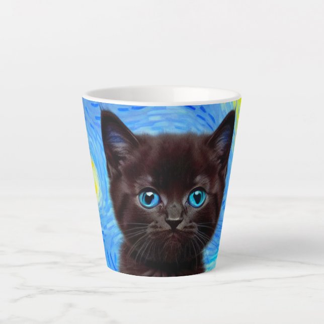 Van Gogh Starry Night Black Cat Latte Mug (Front)