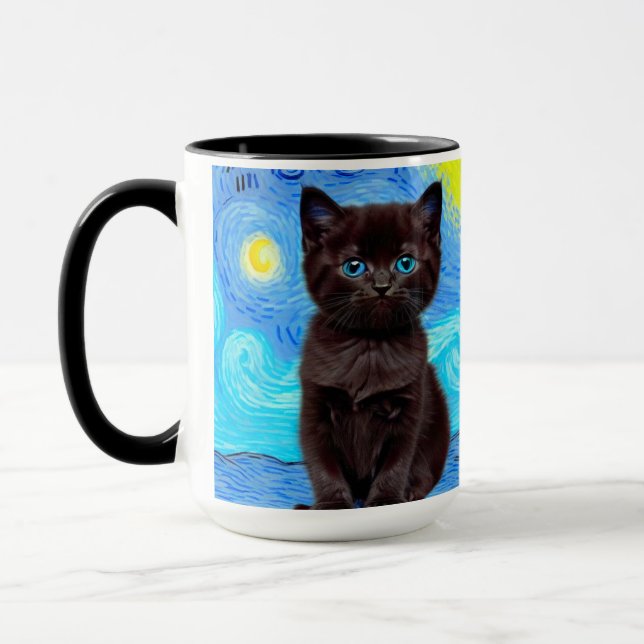 Van Gogh Starry Night Black Cat Mug (Left)