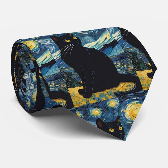 Van Gogh Starry Night Black Cat Neck Tie (Rolled)
